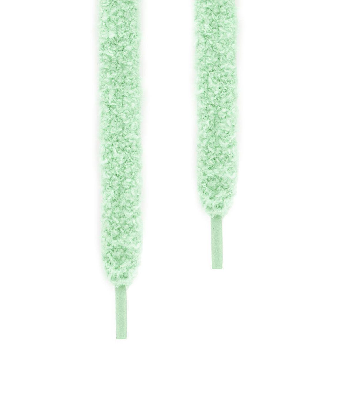 Mintgrüne Fuzzy Laces Sneaker Schnürsenkel in Nahaufnahme, weiche Textur