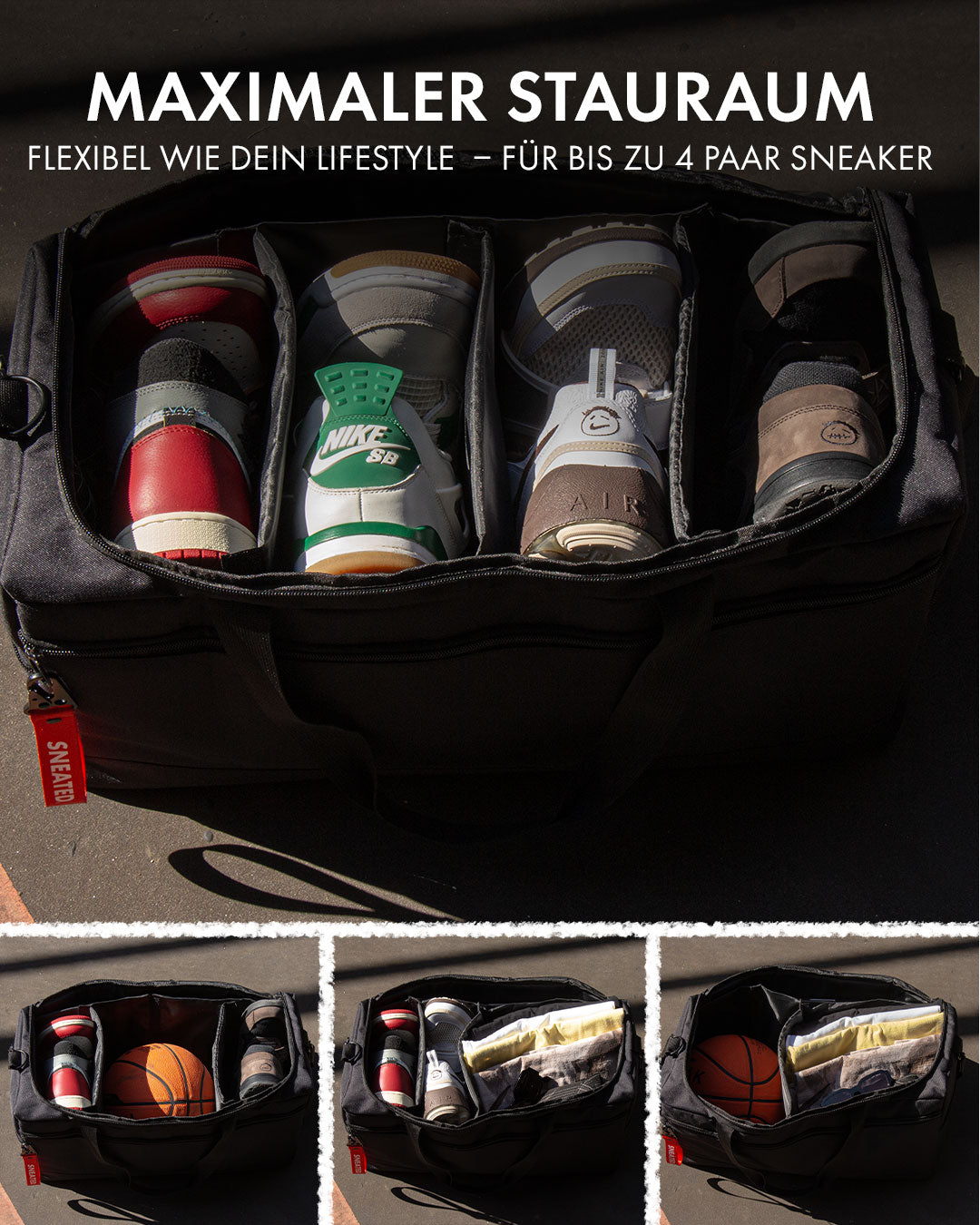Sneated Duffle Bag mit bis zu 4 Paar Sneakern und flexiblem Stauraum