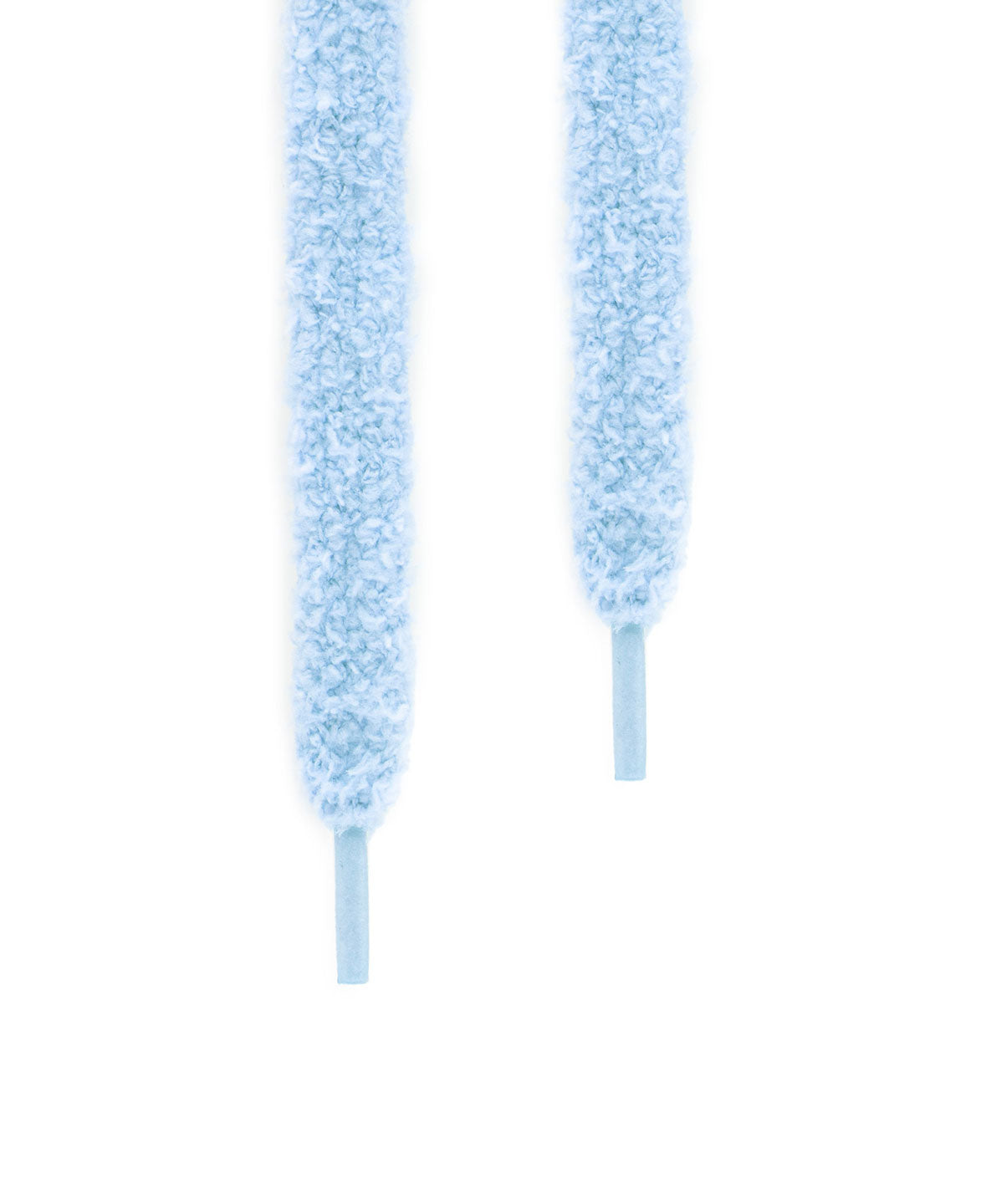 Hellblaue Fuzzy Laces Sneaker Schnürsenkel in Nahaufnahme, weiche Textur