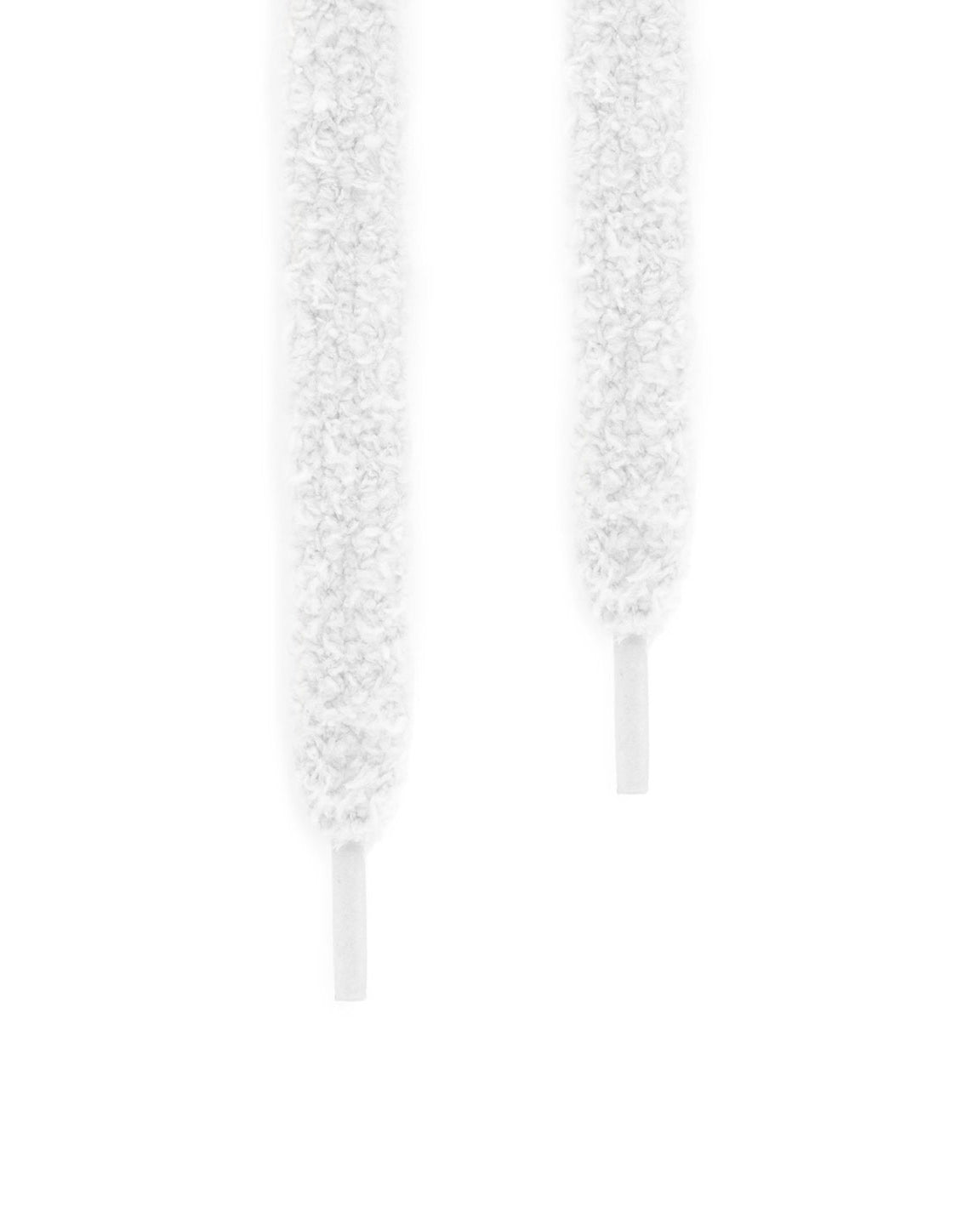 Nahaufnahme der weißen Sneated Fuzzy Laces Schnürsenkel mit weicher, flauschiger Struktur für Sneaker.
