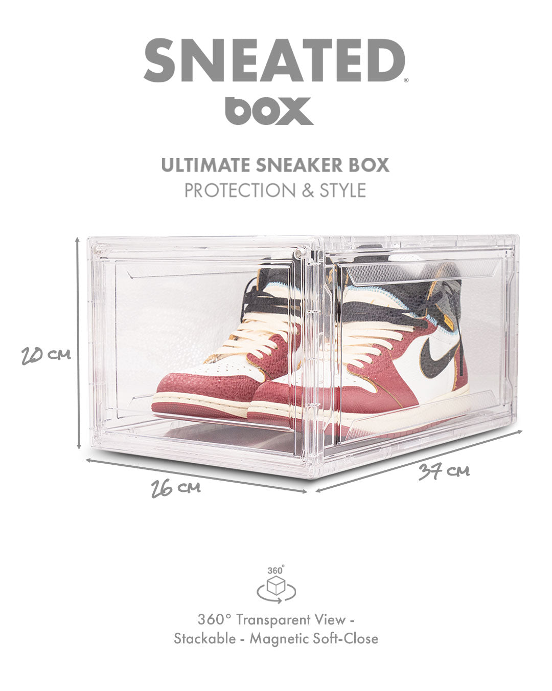 Sneakerbox von SNEATED mit einem Paar Air Jordan 1, transparente Aufbewahrungslösung für Sneakers.