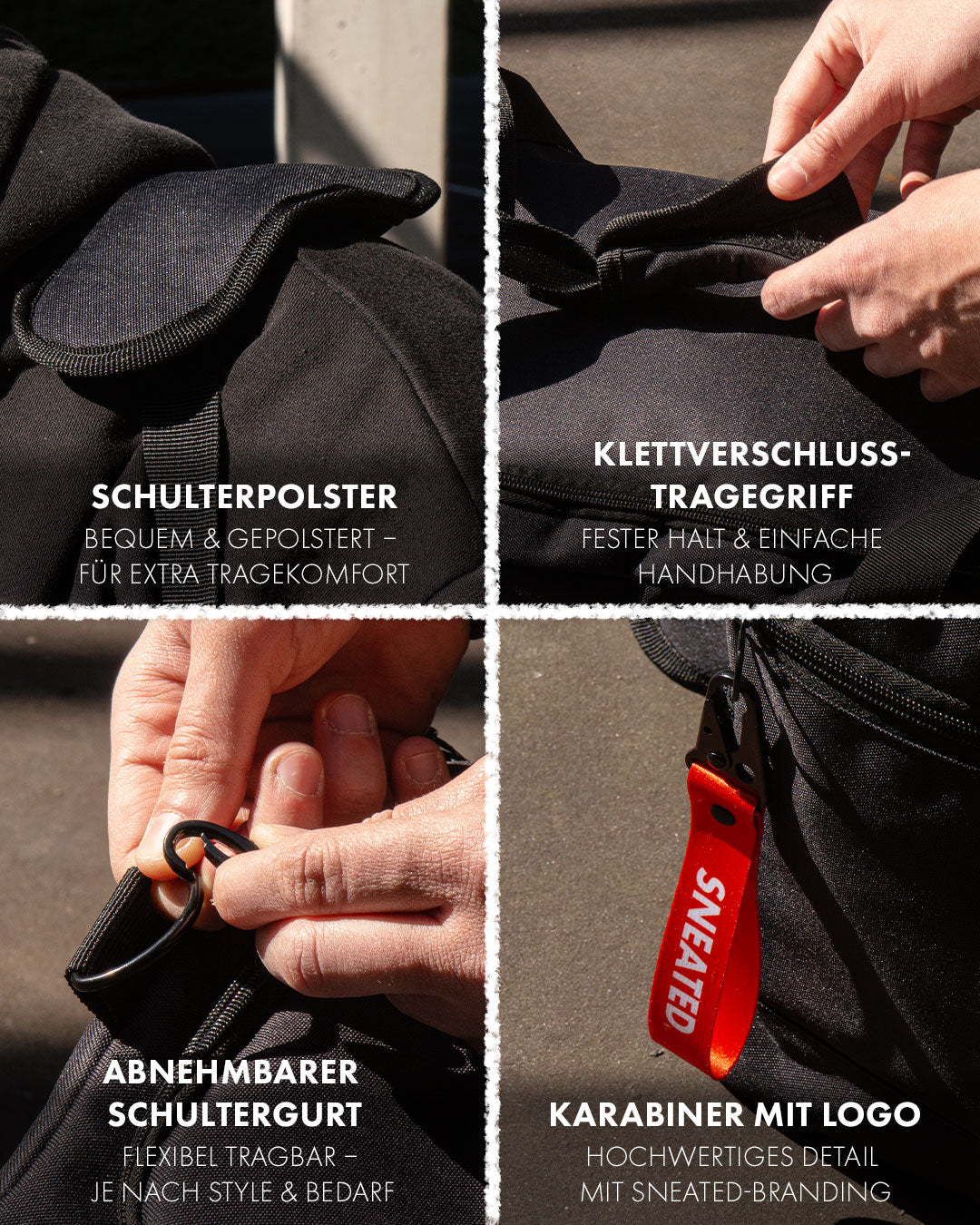 Sneated Duffle Bag - Details wie Schulterpolster, Tragegriff, abnehmbarer Gurt und Logo-Karabiner