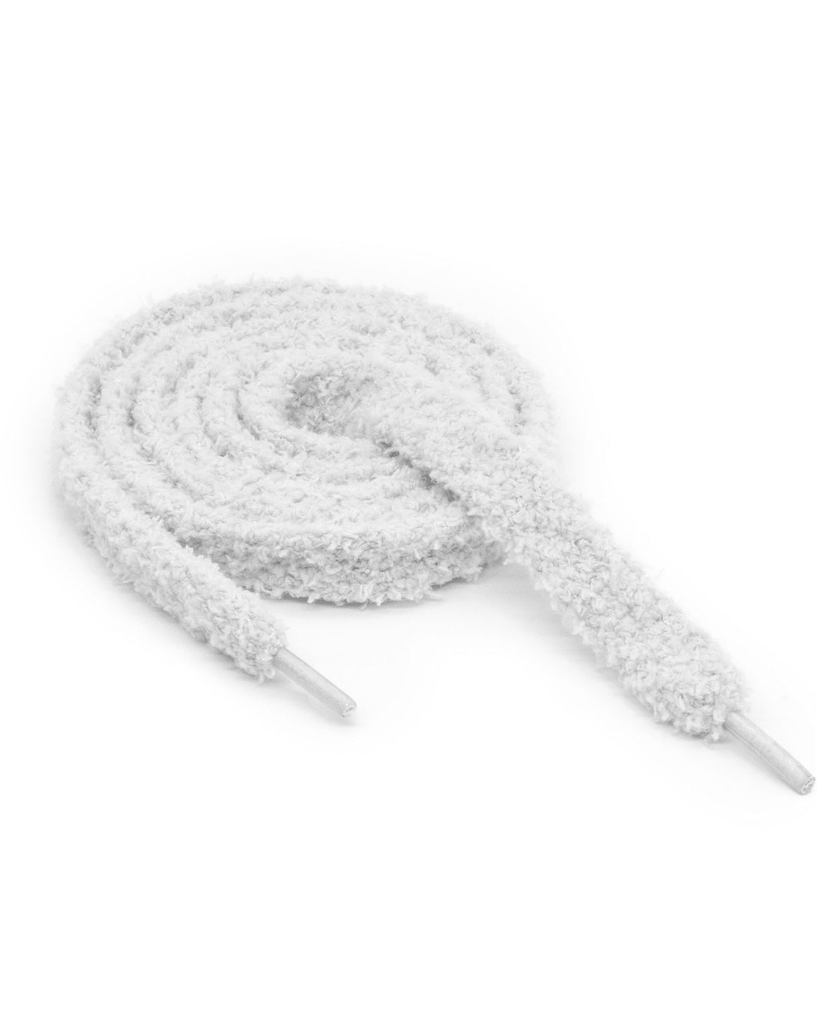 Gerollte weiße Sneated Fuzzy Laces Schnürsenkel in flauschiger Struktur, ideal für auffällige Sneaker-Styles.