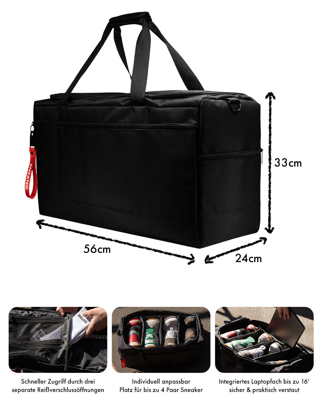 Sneated Duffle Bag - Maße, 4 Sneakerfächer und gepolstertes Laptopfach