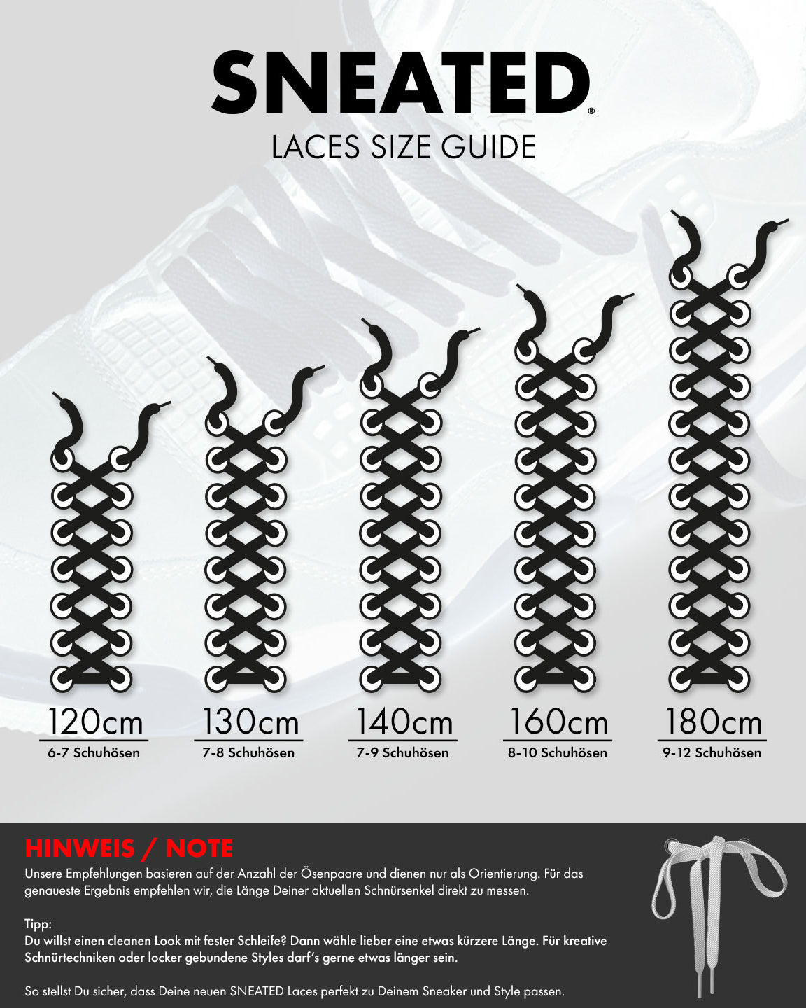 Sneated Laces Größentabelle für verschiedene Schnürsenkellängen