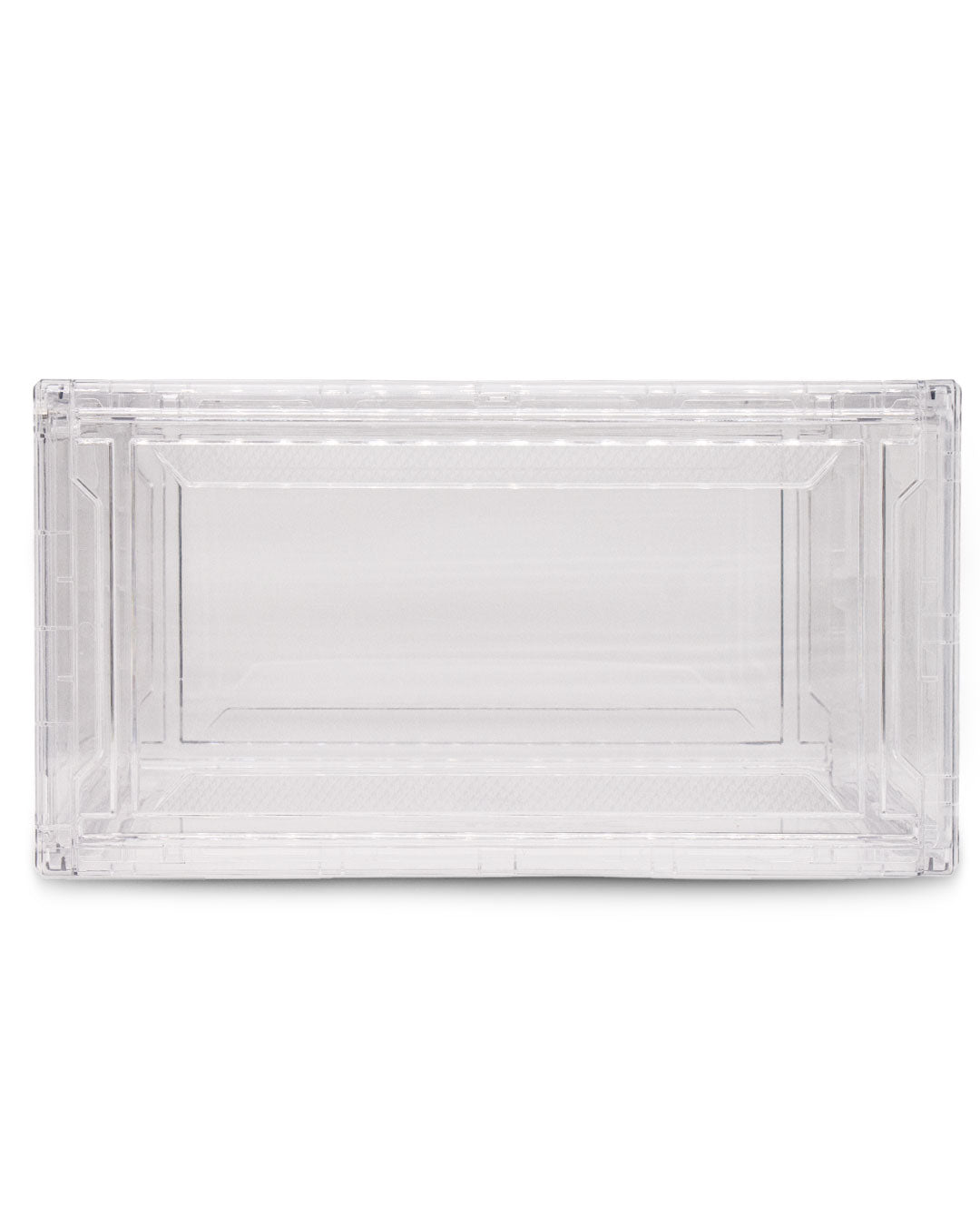 Transparente Sneakerbox von SNEATED zur stylischen Aufbewahrung von Sneakers, leer und von vorne fotografiert.