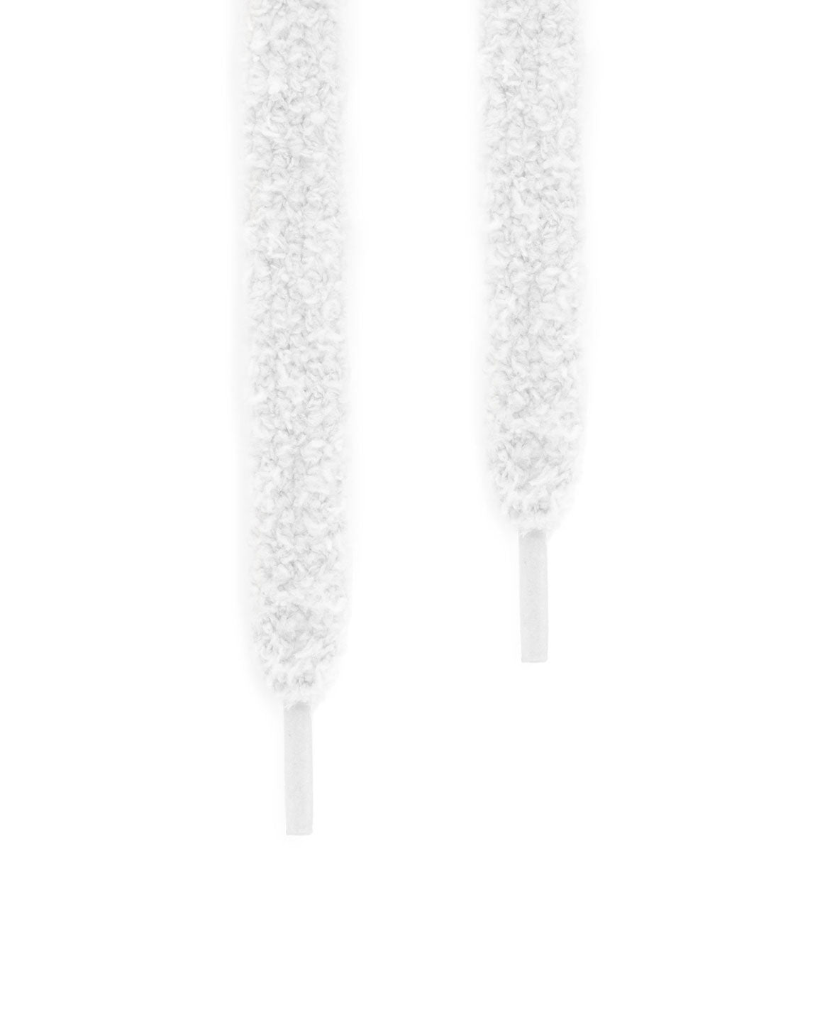 Nahaufnahme der weißen Sneated Fuzzy Laces Schnürsenkel mit weicher, flauschiger Struktur für Sneaker.