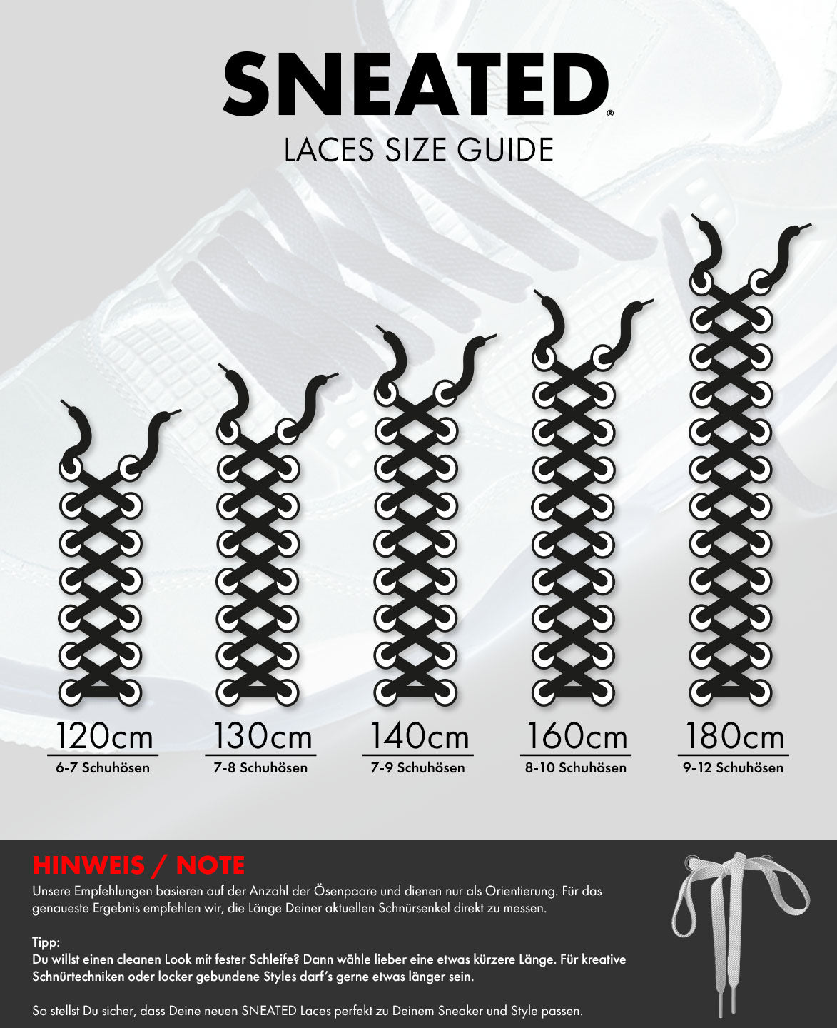 Sneated Laces Größentabelle für verschiedene Schnürsenkellängen