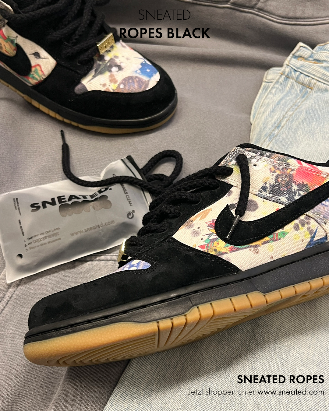 Sb Dunk Low mit schwarzen Rope Laces gelaced